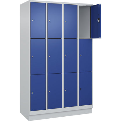 Evolo PLUS 3-fold compartment locker, 4 compartments, light grey / gentian blue, W 1200 mm, 12 compartments, with base plinth, cylinder lock.