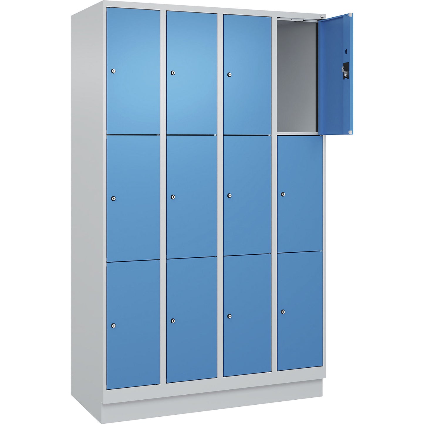 Evolo PLUS 3-fold compartment locker, 4 compartments, light grey / light blue, W 1200 mm, 12 compartments, with base plinth, cylinder lock.