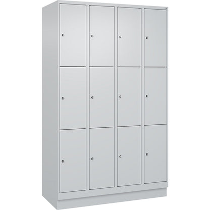Evolo PLUS 3-fold compartment locker, 4 compartments, light grey, W 1200 mm, 12 compartments, with base plinth, cylinder lock.