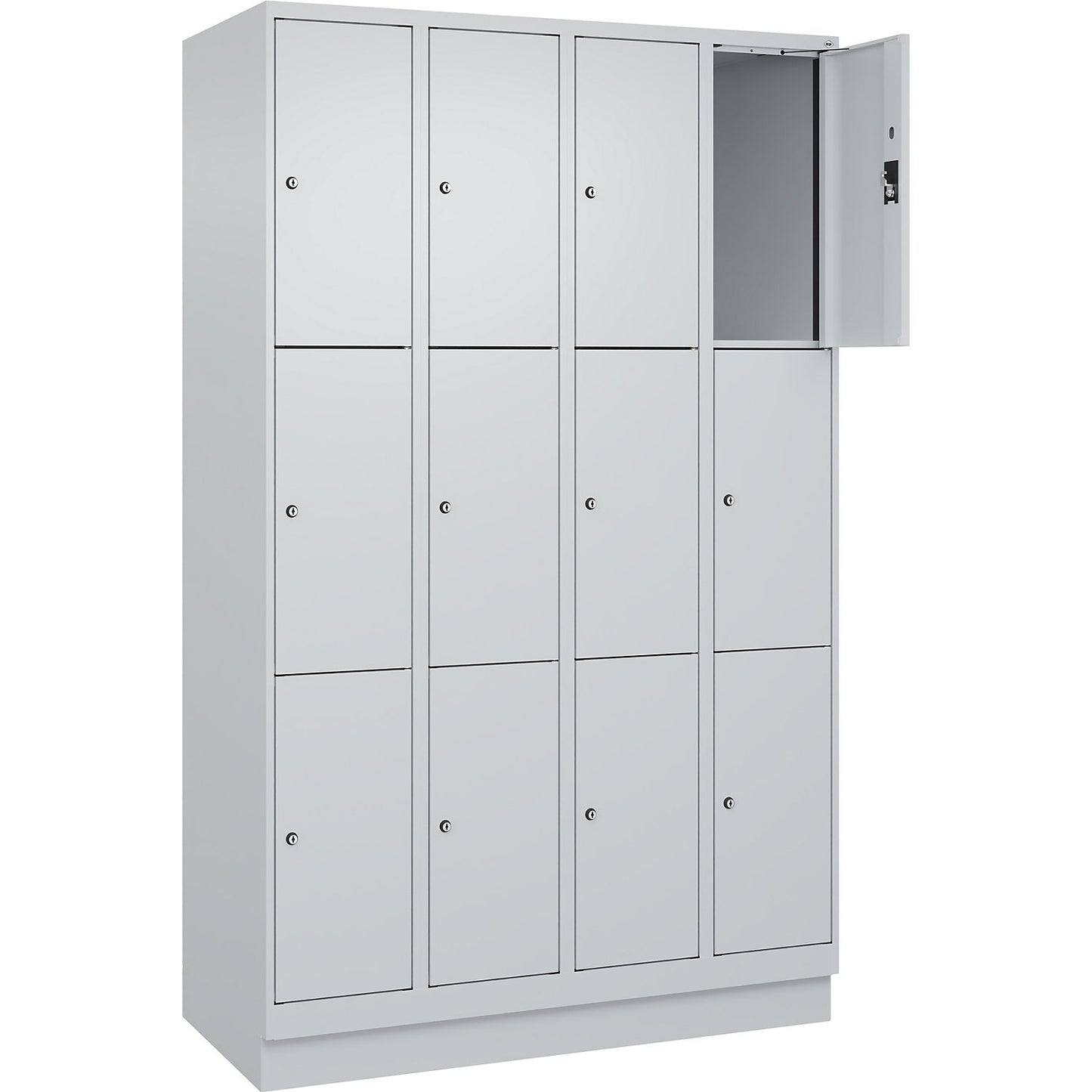 Evolo PLUS 3-fold compartment locker, 4 compartments, light grey, W 1200 mm, 12 compartments, with base plinth, cylinder lock.