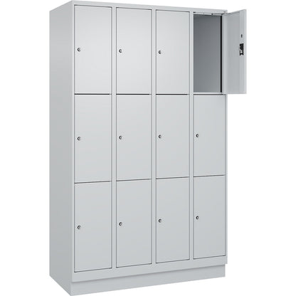 Evolo PLUS 3-fold compartment locker, 4 compartments, light grey, W 1200 mm, 12 compartments, with base plinth, cylinder lock.