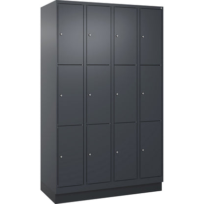 Evolo PLUS 3-fold compartment locker, 4 compartments, grey, W 1200 mm, 12 compartments, with base plinth, cylinder lock.