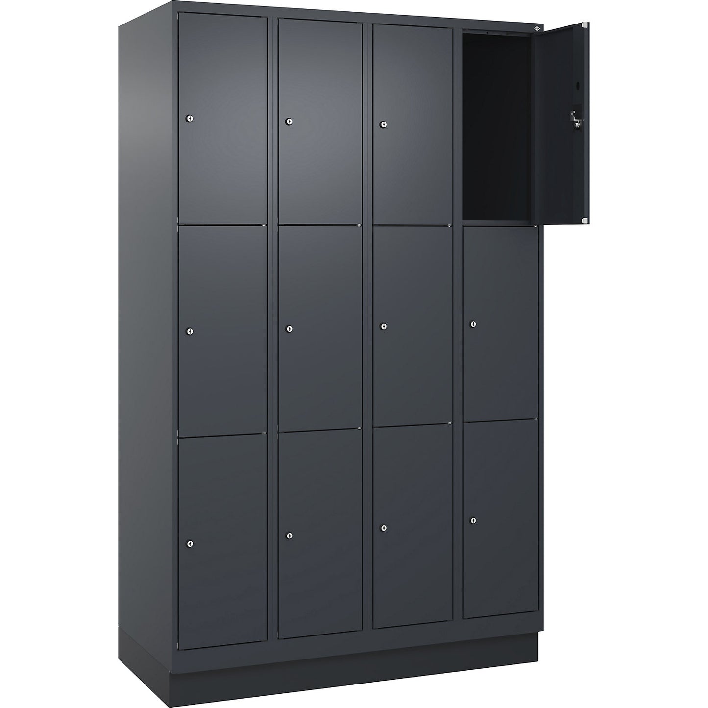 Evolo PLUS 3-fold compartment locker, 4 compartments, grey, W 1200 mm, 12 compartments, with base plinth, cylinder lock.