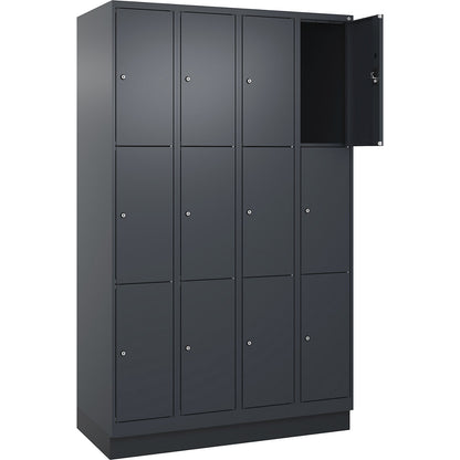 Evolo PLUS 3-fold compartment locker, 4 compartments, grey, W 1200 mm, 12 compartments, with base plinth, cylinder lock.