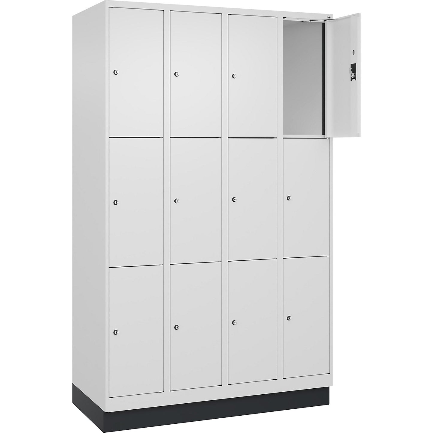 Evolo PLUS 3-fold compartment locker, 4 compartments, white, W 1200 mm, 12 compartments, with base plinth, cylinder lock.