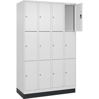 Evolo PLUS 3-fold compartment locker, 4 compartments, white, W 1200 mm, 12 compartments, with base plinth, cylinder lock.