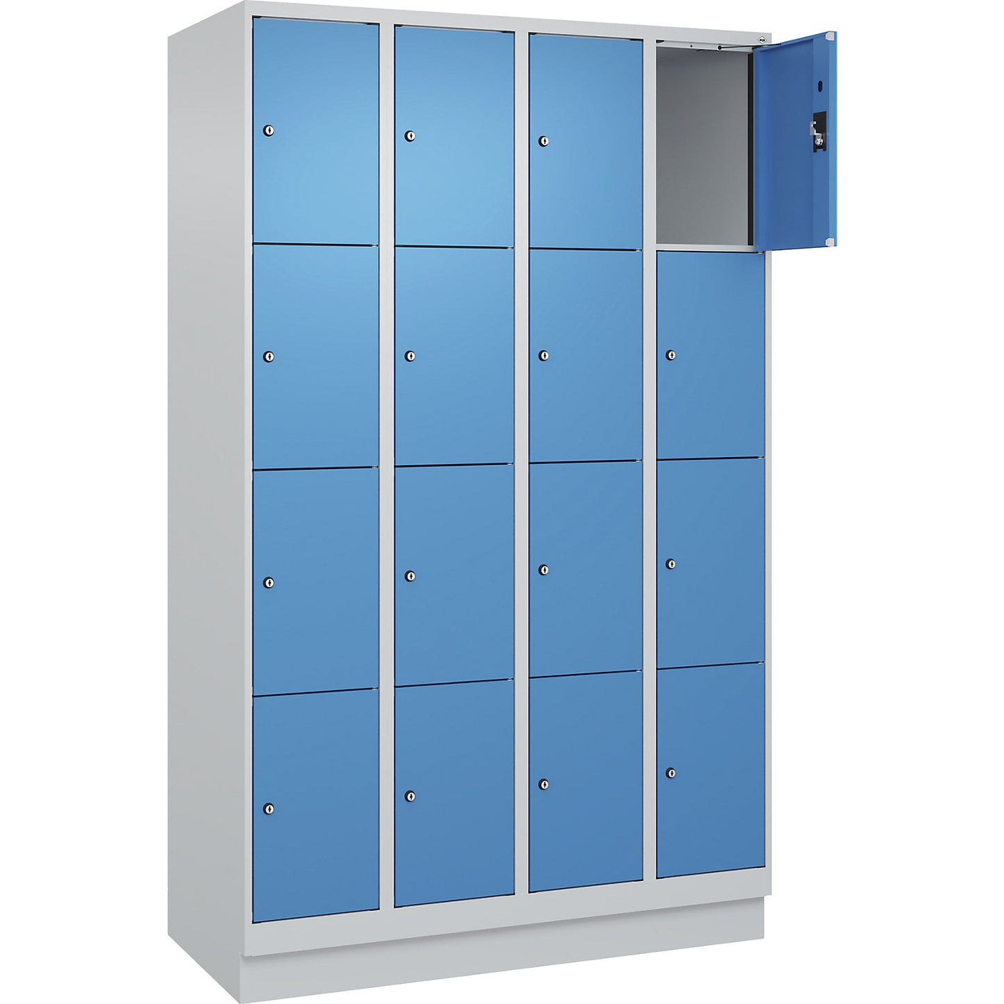 Evolo PLUS 4-fold compartment locker, 4 compartments, light grey / light blue, W 1200 mm, 16 compartments, with base plinth, cylinder lock.