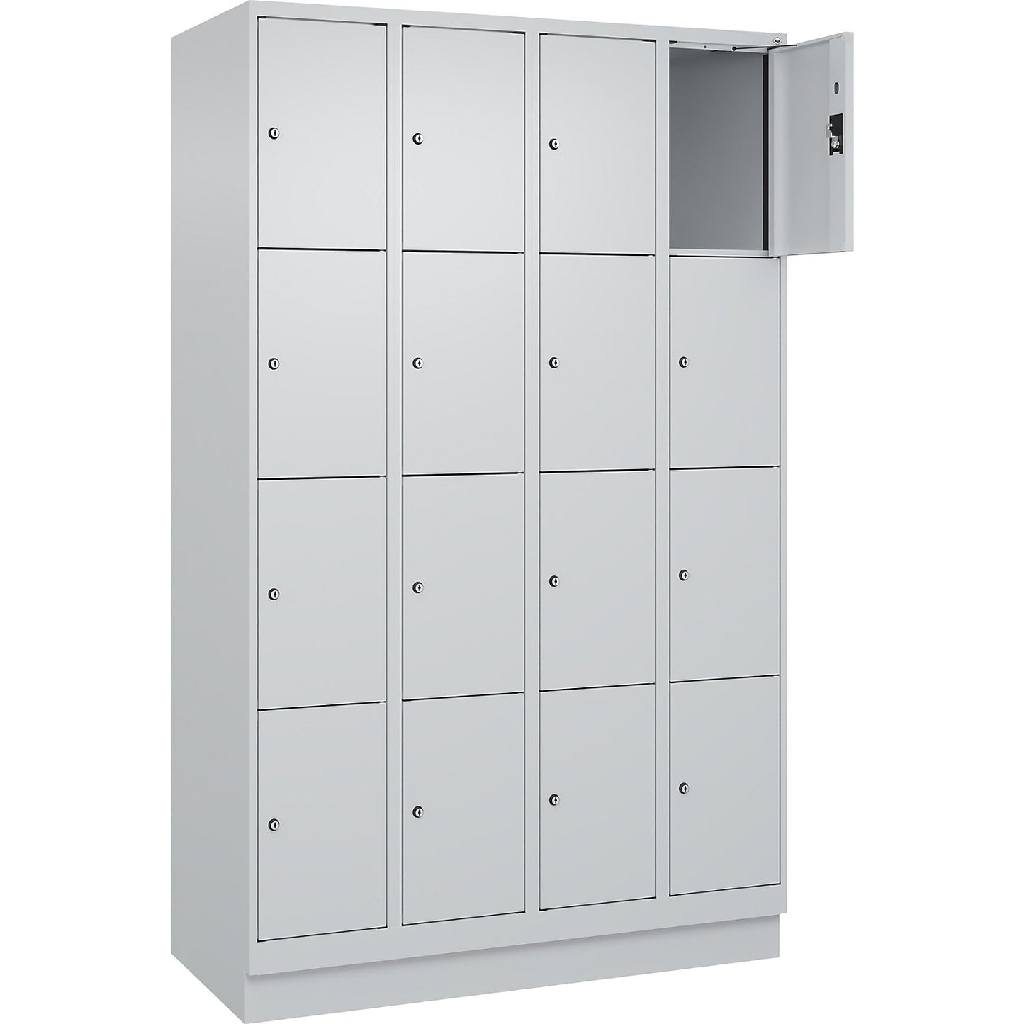 Evolo PLUS 4-fold compartment locker, 4 compartments, light grey, W 1200 mm, 16 compartments, with base plinth, cylinder lock.