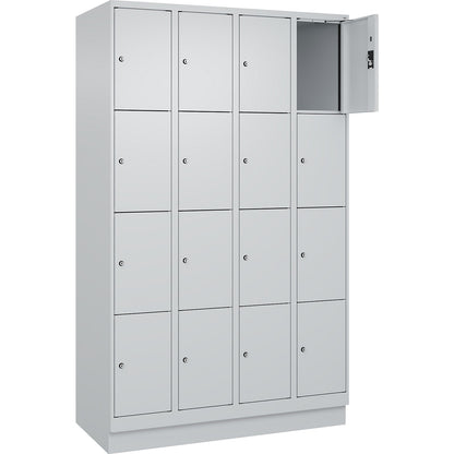 Evolo PLUS 4-fold compartment locker, 4 compartments, light grey, W 1200 mm, 16 compartments, with base plinth, cylinder lock.