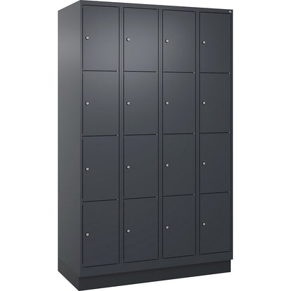 Evolo PLUS 4-fold compartment locker, 4 compartments, grey, W 1200 mm, 16 compartments, with base plinth, cylinder lock.