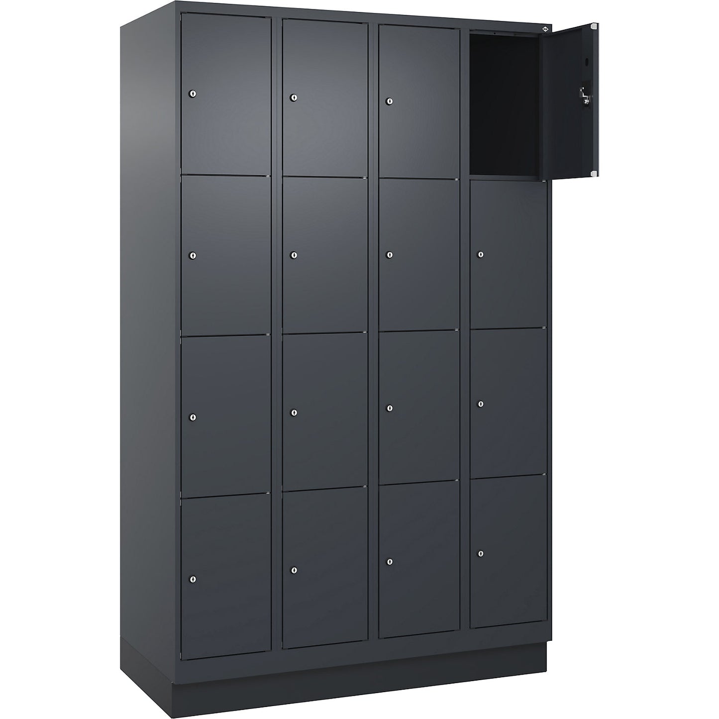 Evolo PLUS 4-fold compartment locker, 4 compartments, grey, W 1200 mm, 16 compartments, with base plinth, cylinder lock.
