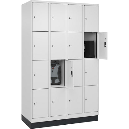 Evolo PLUS 4-fold compartment locker, 4 compartments, white, W 1200 mm, 16 compartments, with base plinth, cylinder lock.