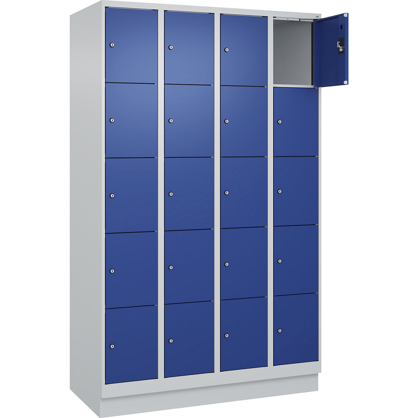 Evolo PLUS 5-fold compartment locker, 4 compartments, light grey / gentian blue, W 1200 mm, 20 compartments, with base plinth, cylinder lock.