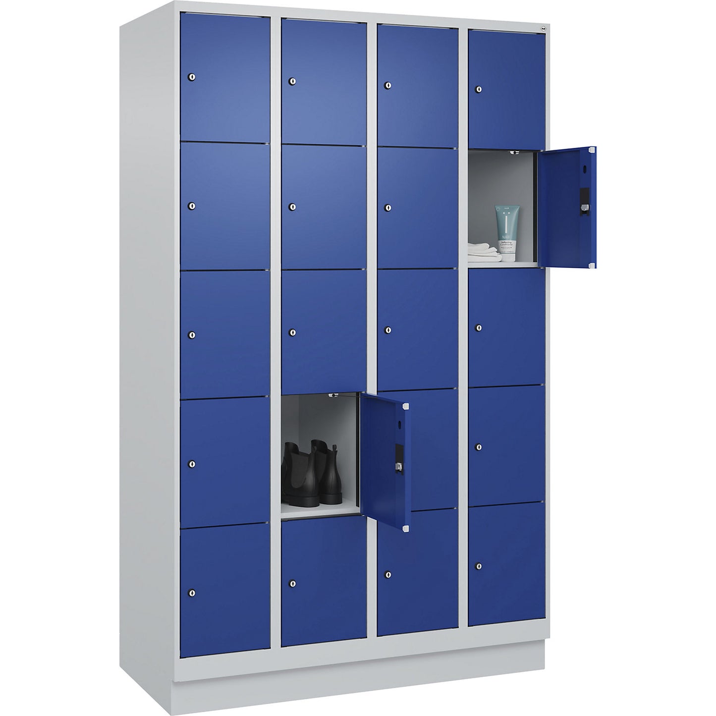 Evolo PLUS 5-fold compartment locker, 4 compartments, light grey / gentian blue, W 1200 mm, 20 compartments, with base plinth, cylinder lock.