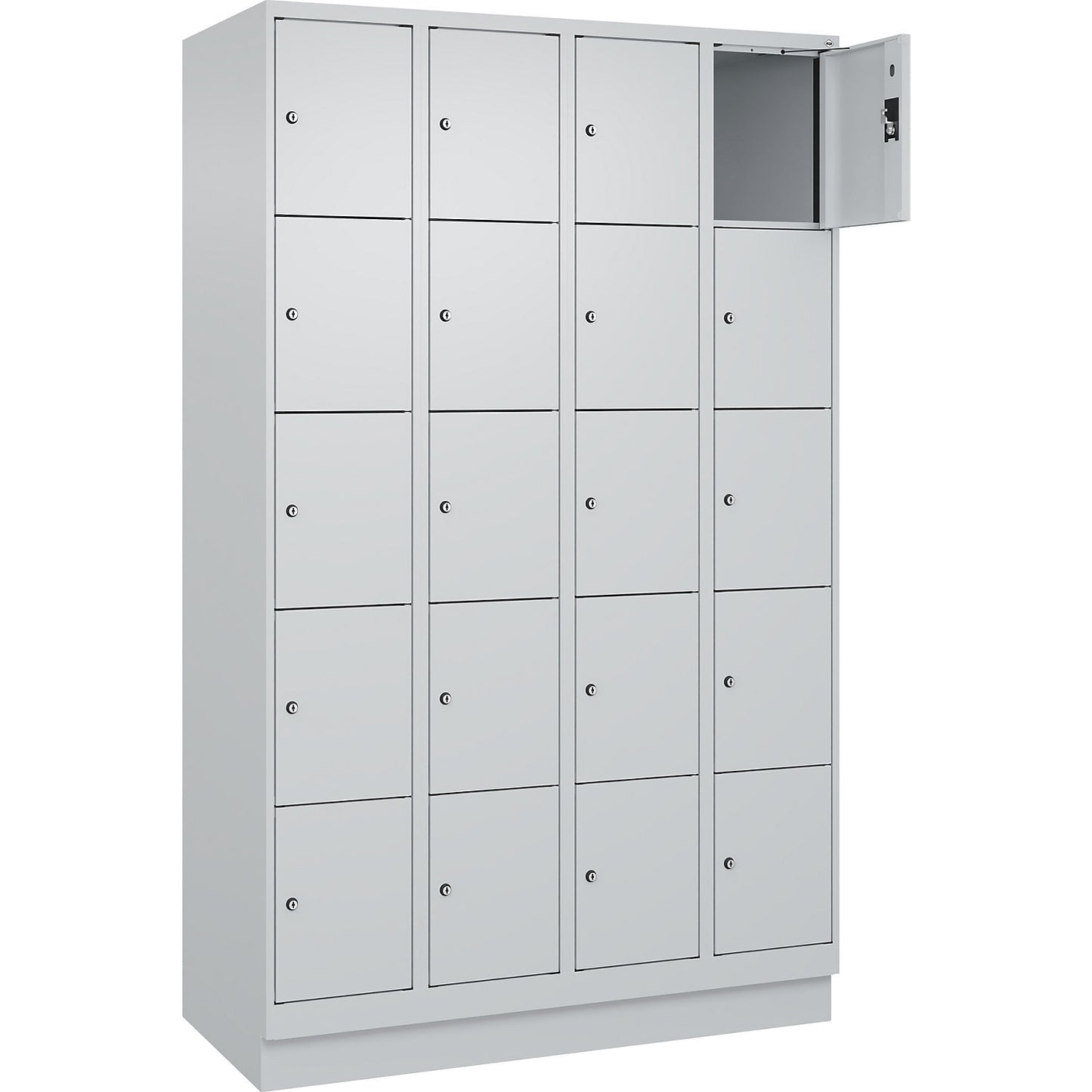 Evolo PLUS 5-fold compartment locker, 4 compartments, light grey, W 1200 mm, 20 compartments, with base plinth, cylinder lock.