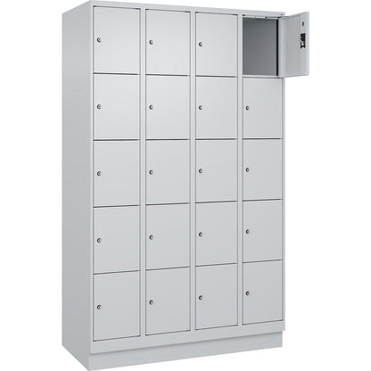 Evolo PLUS 5-fold compartment locker, 4 compartments, light grey, W 1200 mm, 20 compartments, with base plinth, cylinder lock.