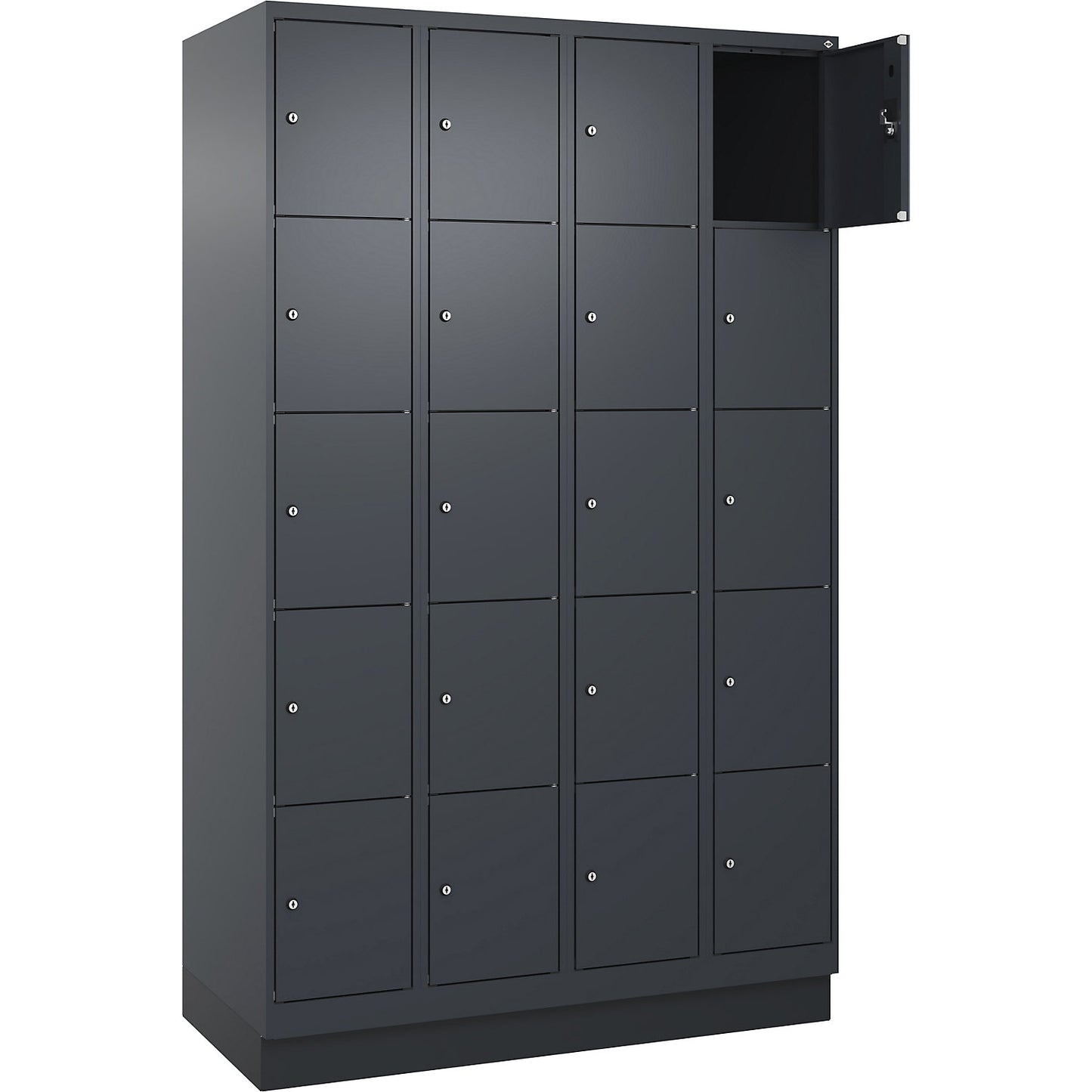 Evolo PLUS 5-fold compartment locker, 4 compartments, grey, W 1200 mm, 20 compartments, with base plinth, cylinder lock.
