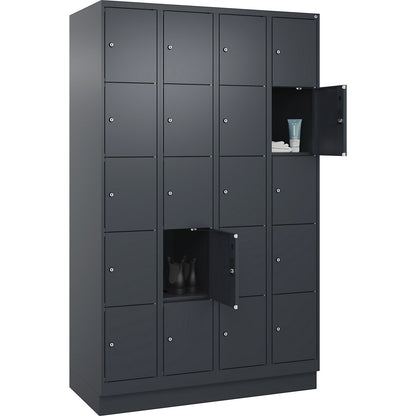Evolo PLUS 5-fold compartment locker, 4 compartments, grey, W 1200 mm, 20 compartments, with base plinth, cylinder lock.