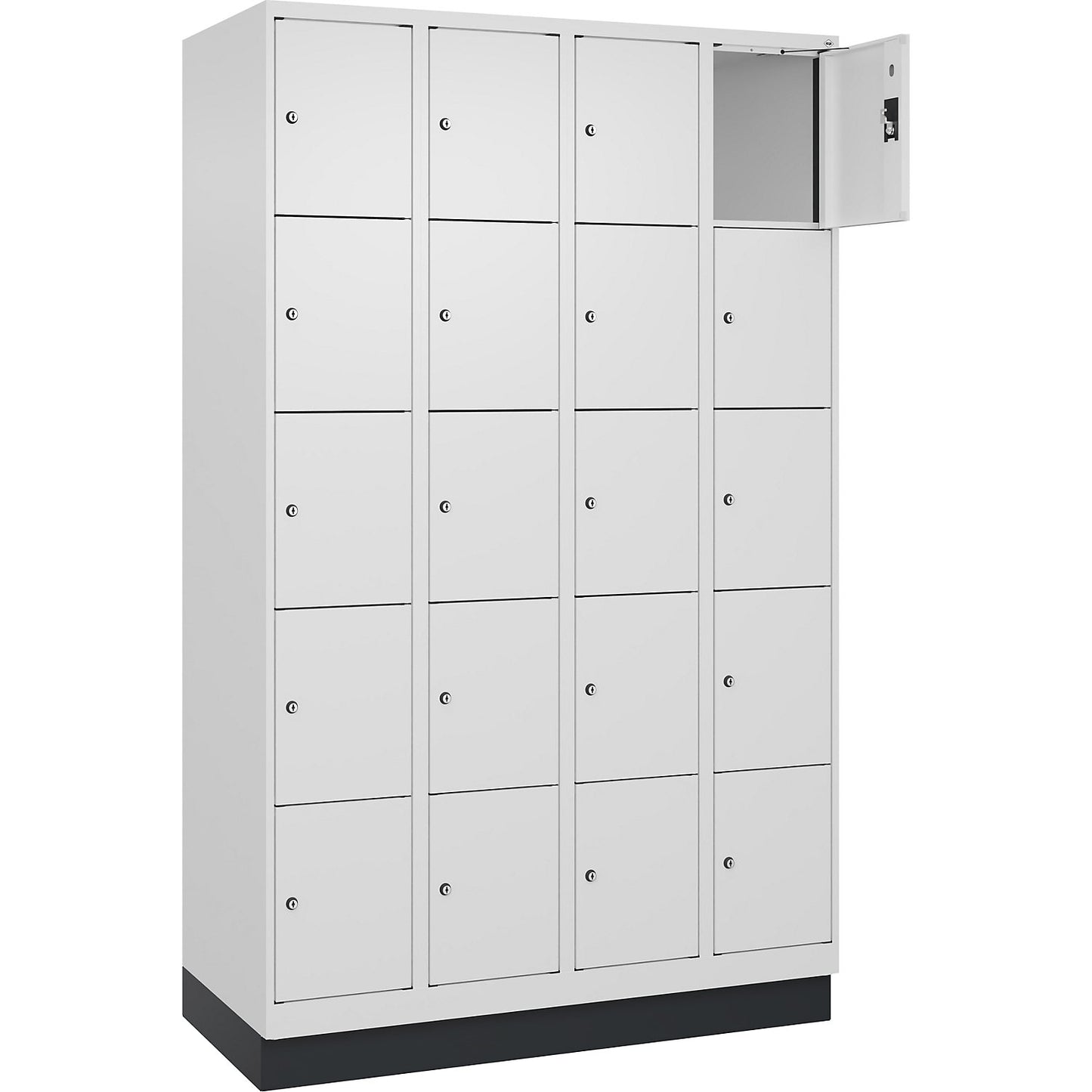 Evolo PLUS 5-fold compartment locker, 4 compartments, white, W 1200 mm, 20 compartments, with base plinth, cylinder lock.