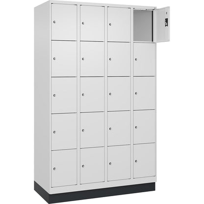 Evolo PLUS 5-fold compartment locker, 4 compartments, white, W 1200 mm, 20 compartments, with base plinth, cylinder lock.