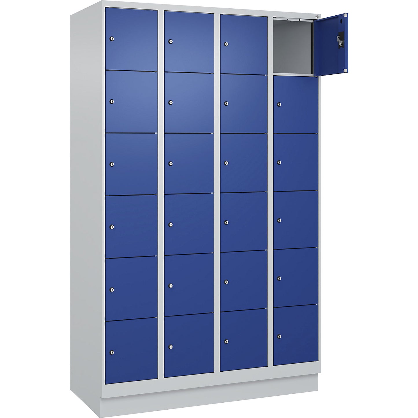 Evolo PLUS 6-fold compartment locker, 4 compartments, light grey / gentian blue, W 1200 mm, 24 compartments, with base plinth, cylinder lock.