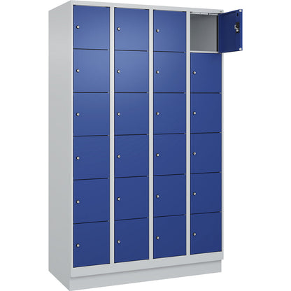 Evolo PLUS 6-fold compartment locker, 4 compartments, light grey / gentian blue, W 1200 mm, 24 compartments, with base plinth, cylinder lock.