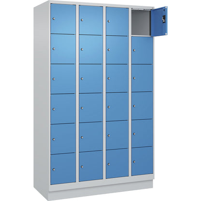 Evolo PLUS 6-fold compartment locker, 4 compartments, light grey / light blue, W 1200 mm, 24 compartments, with base plinth, cylinder lock.