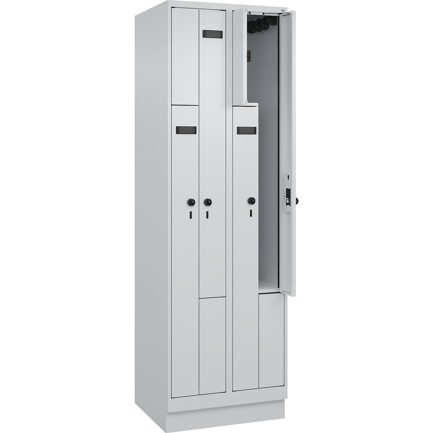 Evolo PLUS Z-locker, 2 compartments, light grey, W 600 mm, 4 compartments, with base plinth, security rotary bolt.