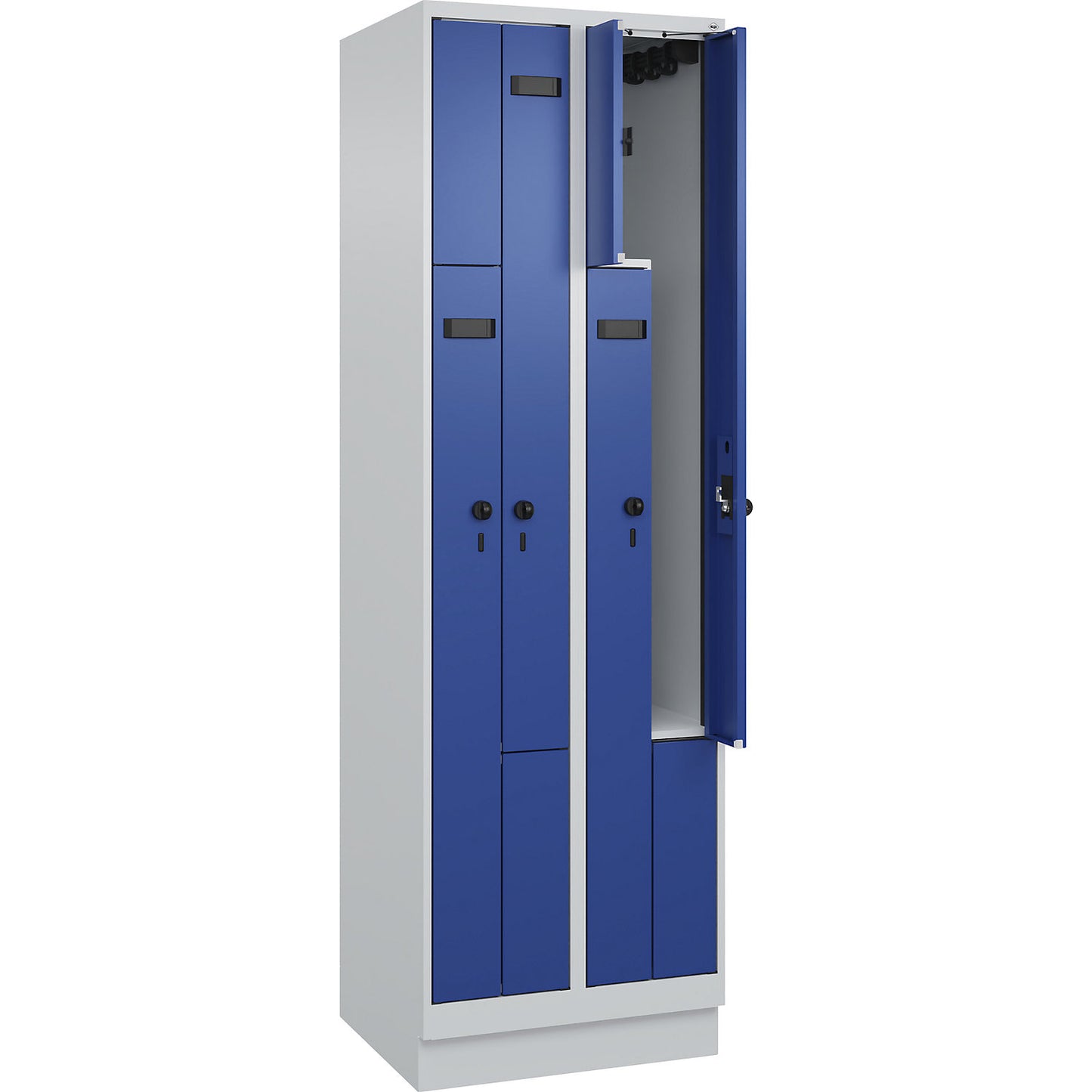 Evolo PLUS Z-locker, 2 compartments, light grey / gentian blue, W 600 mm, 4 compartments, with base plinth, security rotary bolt.