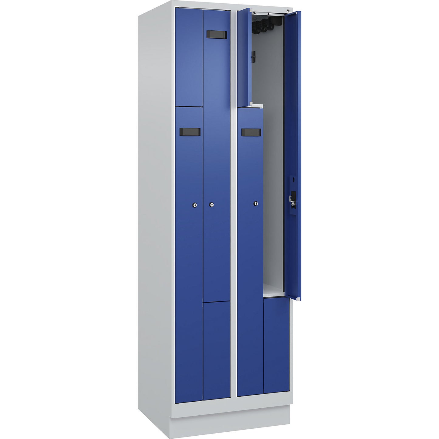 Evolo PLUS Z-locker, 2 compartments, light grey / gentian blue, W 600 mm, 4 compartments, with base plinth, cylinder lock.