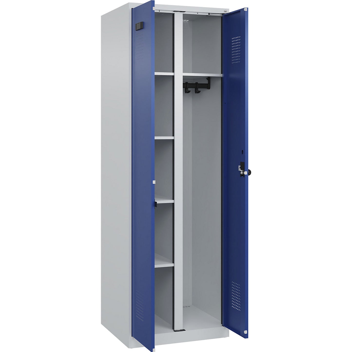 Evolo PLUS locker for cleaning products, 1 compartment, partition in centre, light grey / gentian blue, W 600 mm, with floor glides, security rotary bolt.
