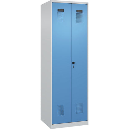 Evolo PLUS locker for cleaning products, 1 compartment, partition in centre, light grey / light blue, W 600 mm, with floor glides, security rotary bolt.