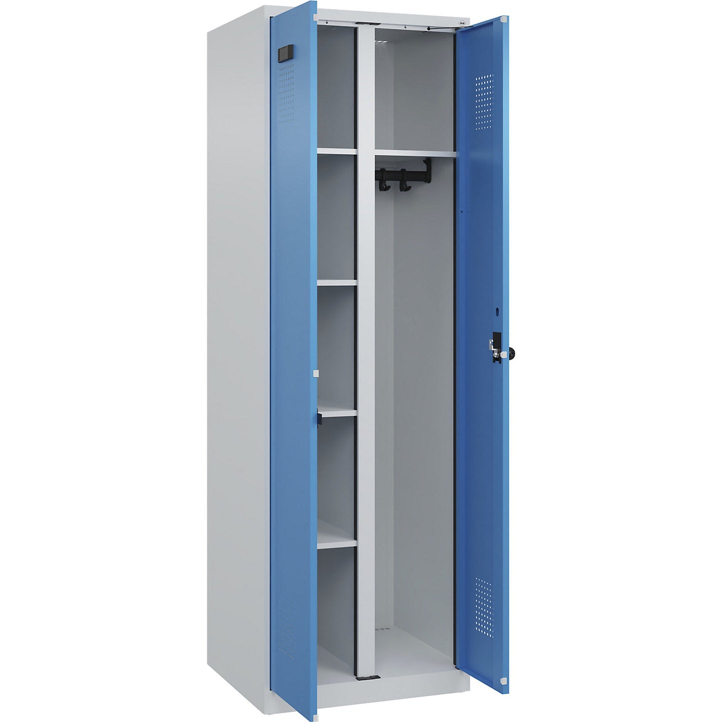 Evolo PLUS locker for cleaning products, 1 compartment, partition in centre, light grey / light blue, W 600 mm, with floor glides, security rotary bolt.