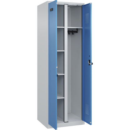 Evolo PLUS locker for cleaning products, 1 compartment, partition in centre, light grey / light blue, W 600 mm, with floor glides, security rotary bolt.