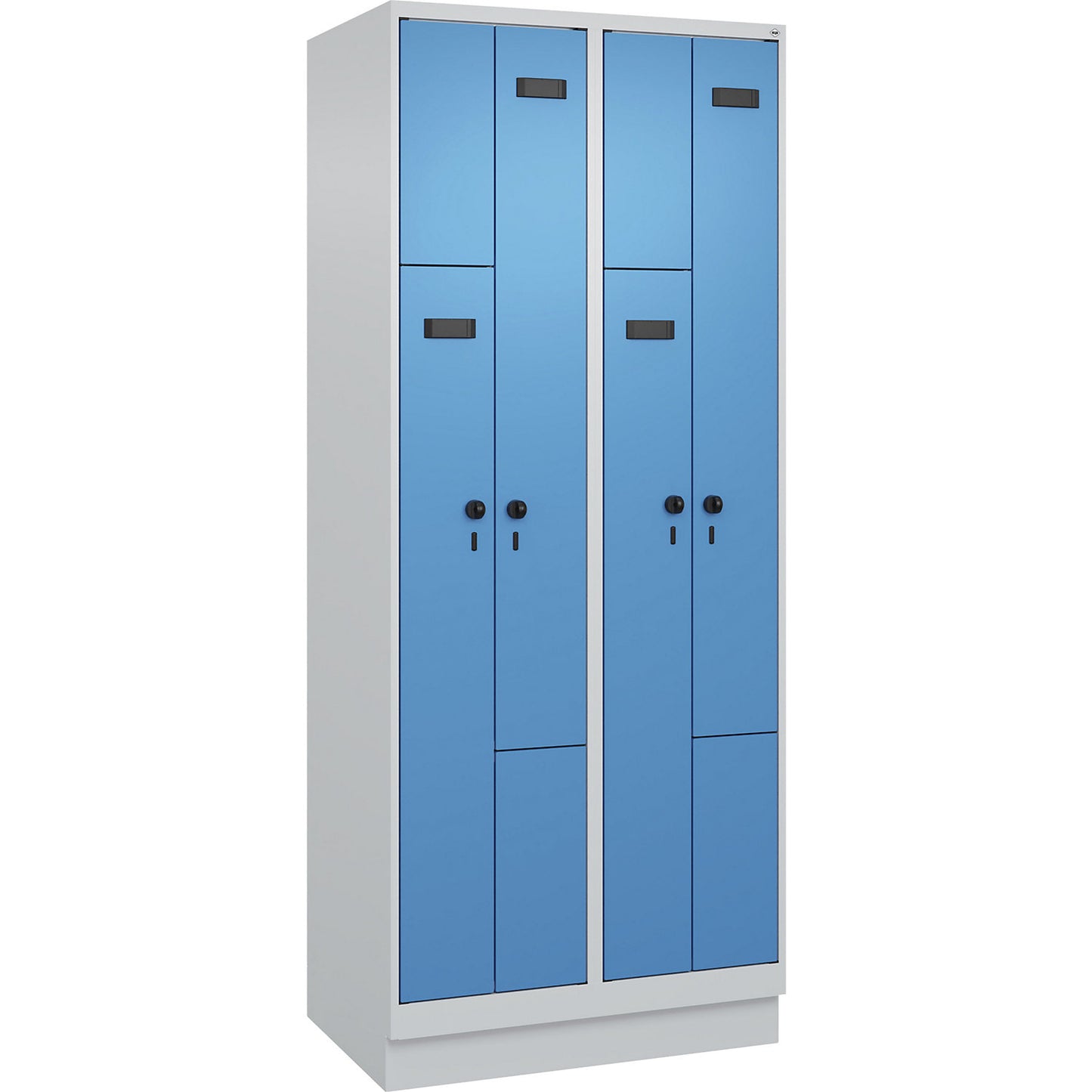 Evolo PLUS Z-locker, 2 compartments, light grey / light blue, W 800 mm, 4 compartments, with base plinth, security rotary bolt.