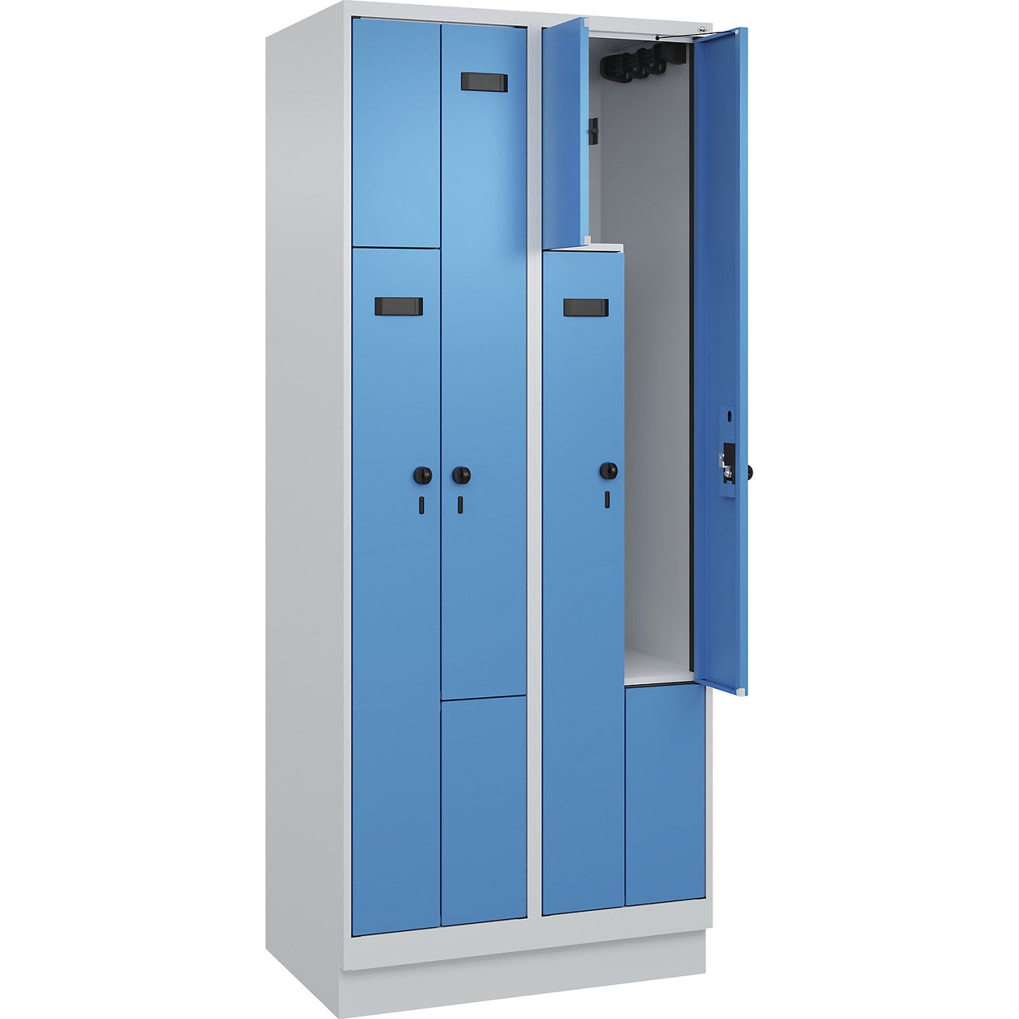 Evolo PLUS Z-locker, 2 compartments, light grey / light blue, W 800 mm, 4 compartments, with base plinth, security rotary bolt.