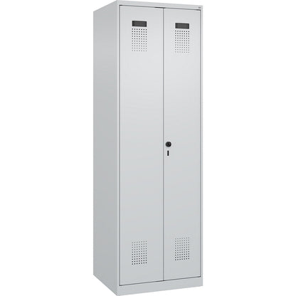 Evolo PLUS locker for cleaning products, 1 compartment, partition in centre, light grey, W 600 mm, with floor glides, security rotary bolt.