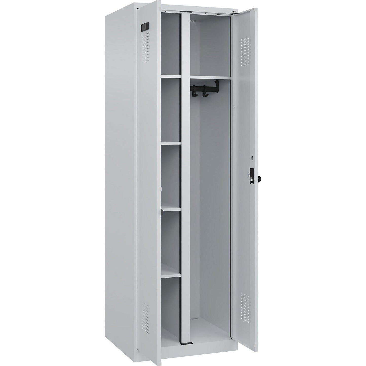 Evolo PLUS locker for cleaning products, 1 compartment, partition in centre, light grey, W 600 mm, with floor glides, security rotary bolt.