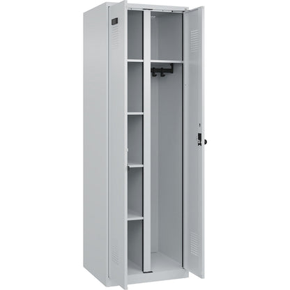 Evolo PLUS locker for cleaning products, 1 compartment, partition in centre, light grey, W 600 mm, with floor glides, security rotary bolt.