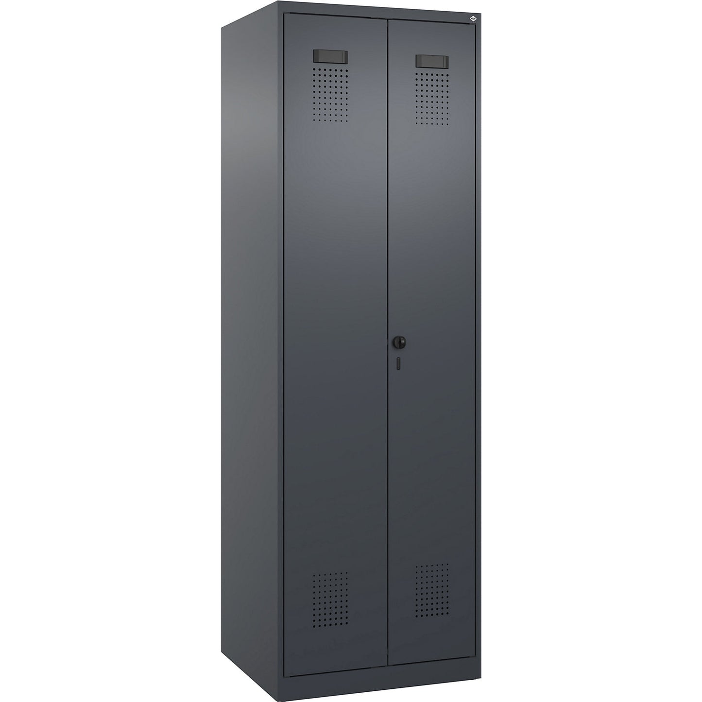 Evolo PLUS locker for cleaning products, 1 compartment, partition in centre, grey, W 600 mm, with floor glides, security rotary bolt.