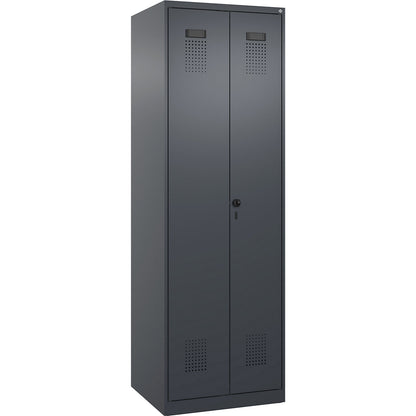 Evolo PLUS locker for cleaning products, 1 compartment, partition in centre, grey, W 600 mm, with floor glides, security rotary bolt.