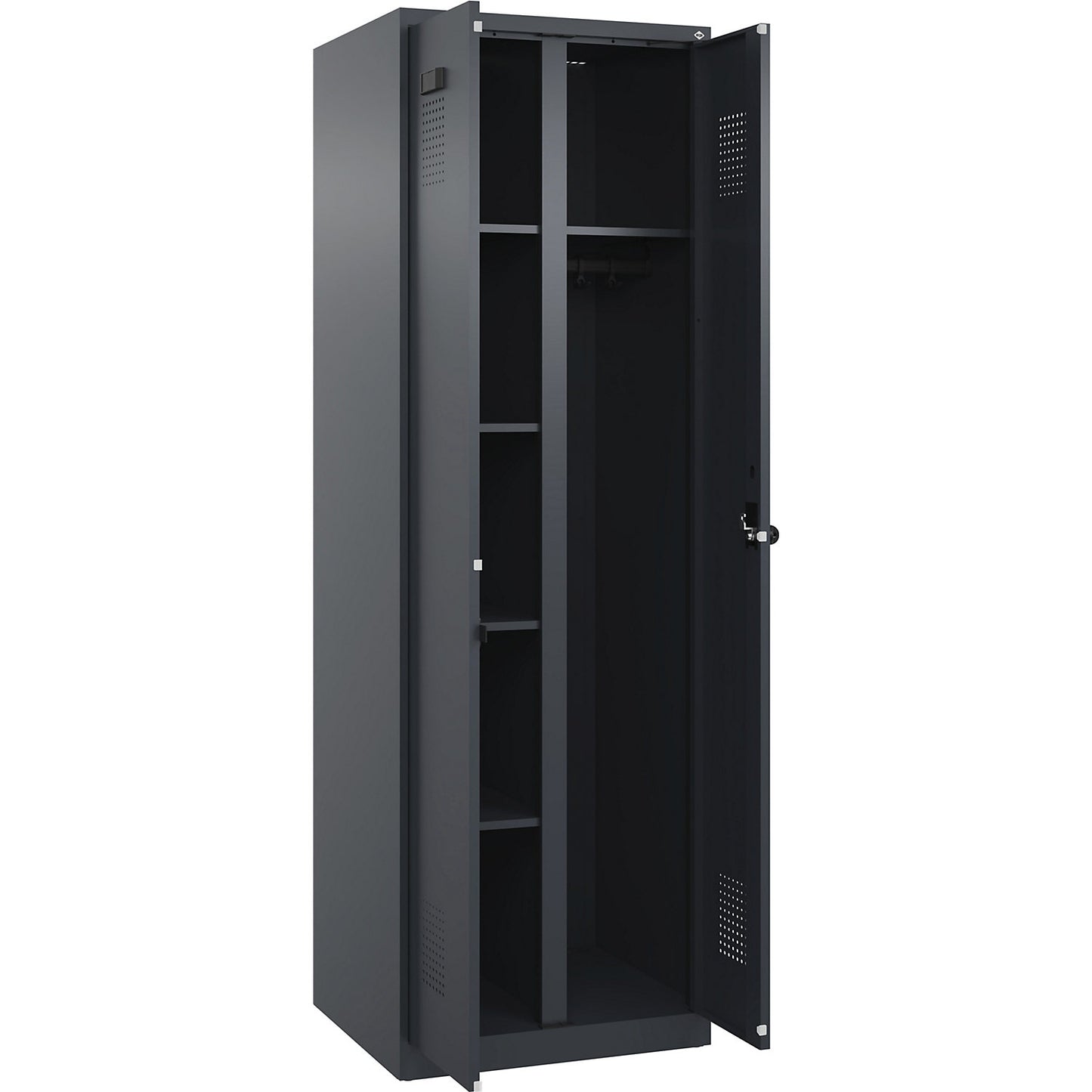 Evolo PLUS locker for cleaning products, 1 compartment, partition in centre, grey, W 600 mm, with floor glides, security rotary bolt.