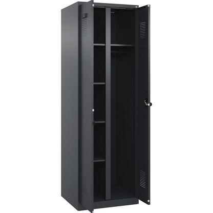 Evolo PLUS locker for cleaning products, 1 compartment, partition in centre, grey, W 600 mm, with floor glides, security rotary bolt.