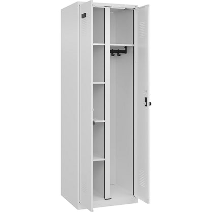 Evolo PLUS locker for cleaning products, 1 compartment, partition in centre, white, W 600 mm, with floor glides, security rotary bolt.
