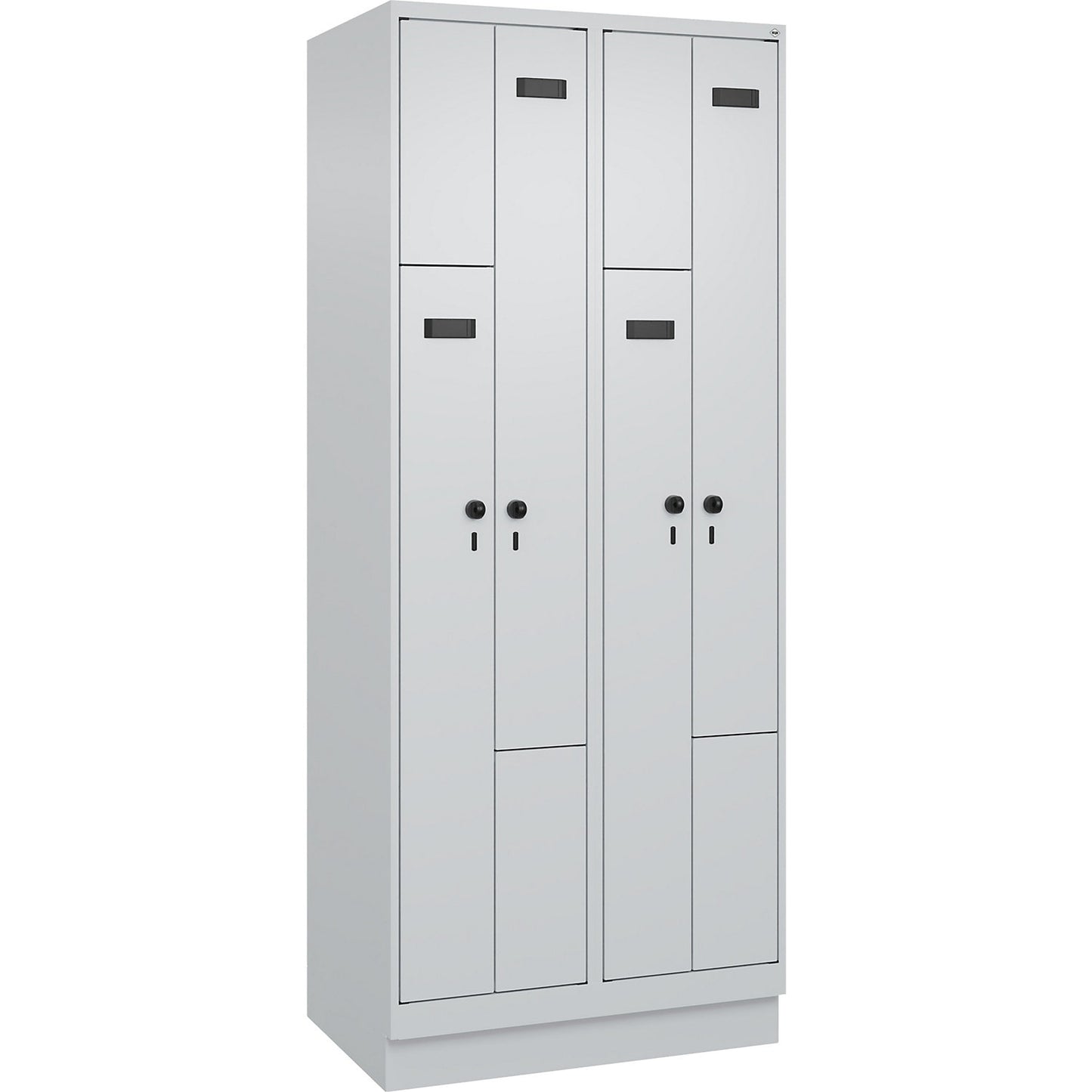 Evolo PLUS Z-locker, 2 compartments, light grey, W 800 mm, 4 compartments, with base plinth, security rotary bolt.