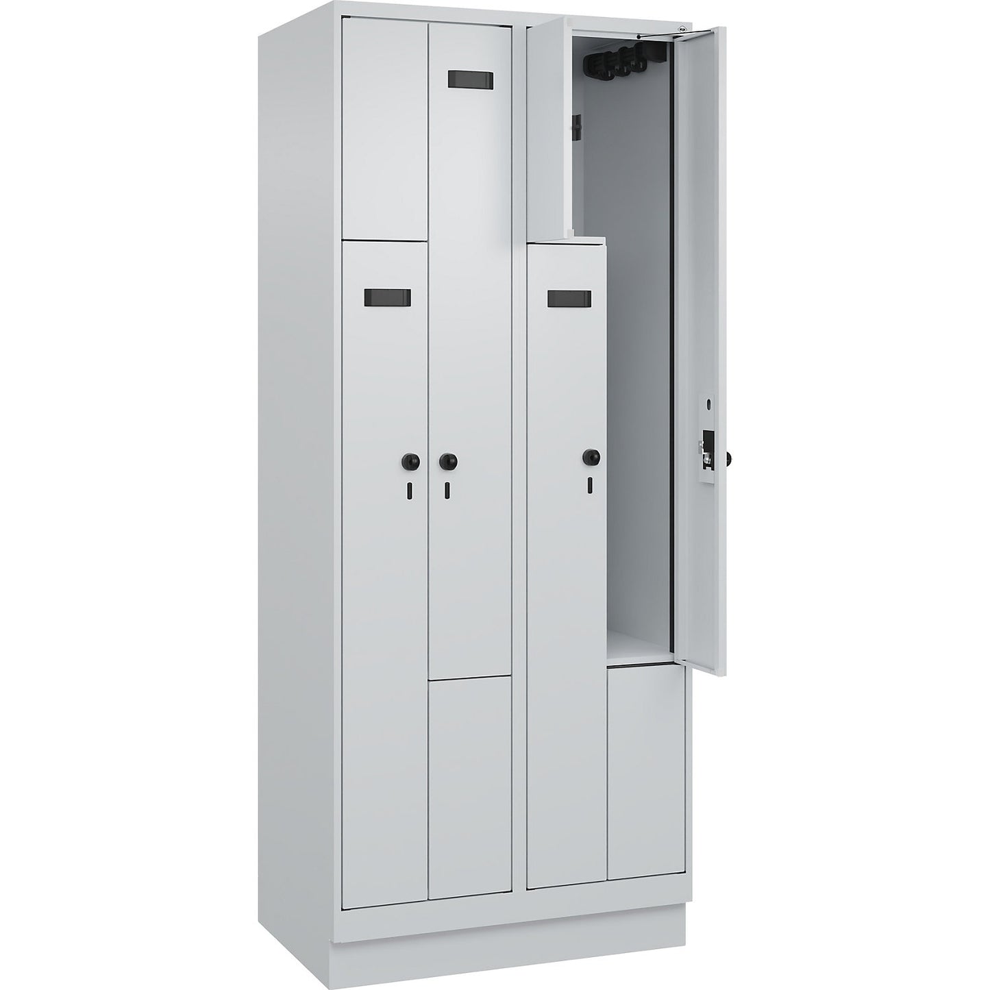 Evolo PLUS Z-locker, 2 compartments, light grey, W 800 mm, 4 compartments, with base plinth, security rotary bolt.