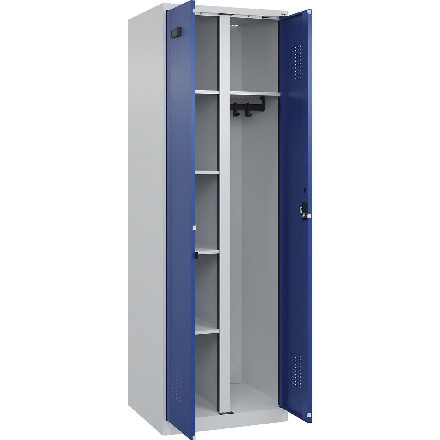 Evolo PLUS locker for cleaning products, 1 compartment, partition in centre, light grey / gentian blue, W 600 mm, with floor glides, cylinder lock.