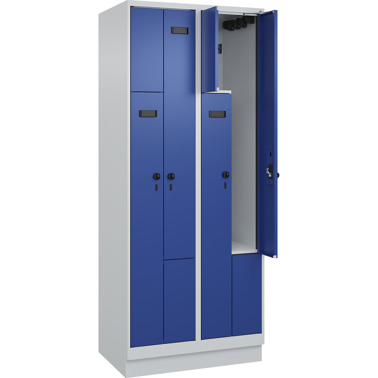 Evolo PLUS Z-locker, 2 compartments, light grey / gentian blue, W 800 mm, 4 compartments, with base plinth, security rotary bolt.