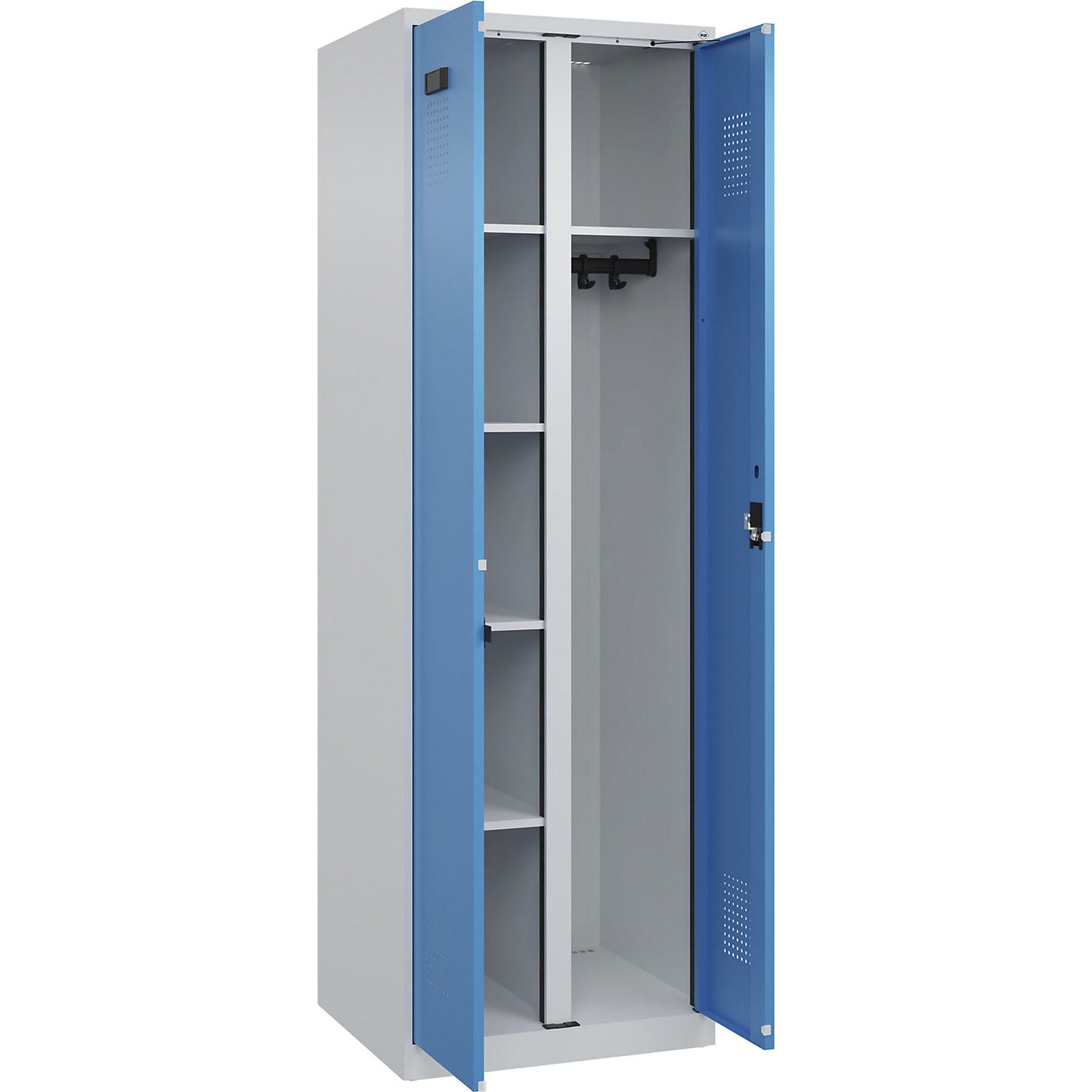 Evolo PLUS locker for cleaning products, 1 compartment, partition in centre, light grey / light blue, W 600 mm, with floor glides, cylinder lock.