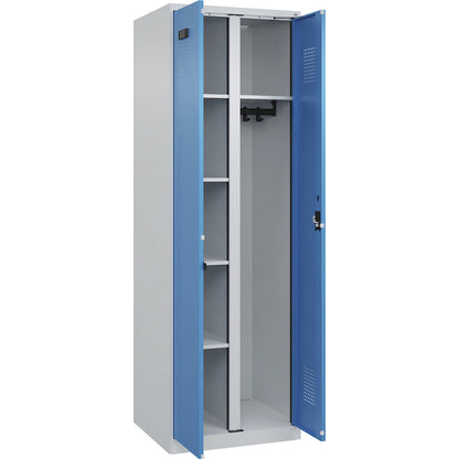 Evolo PLUS locker for cleaning products, 1 compartment, partition in centre, light grey / light blue, W 600 mm, with floor glides, cylinder lock.
